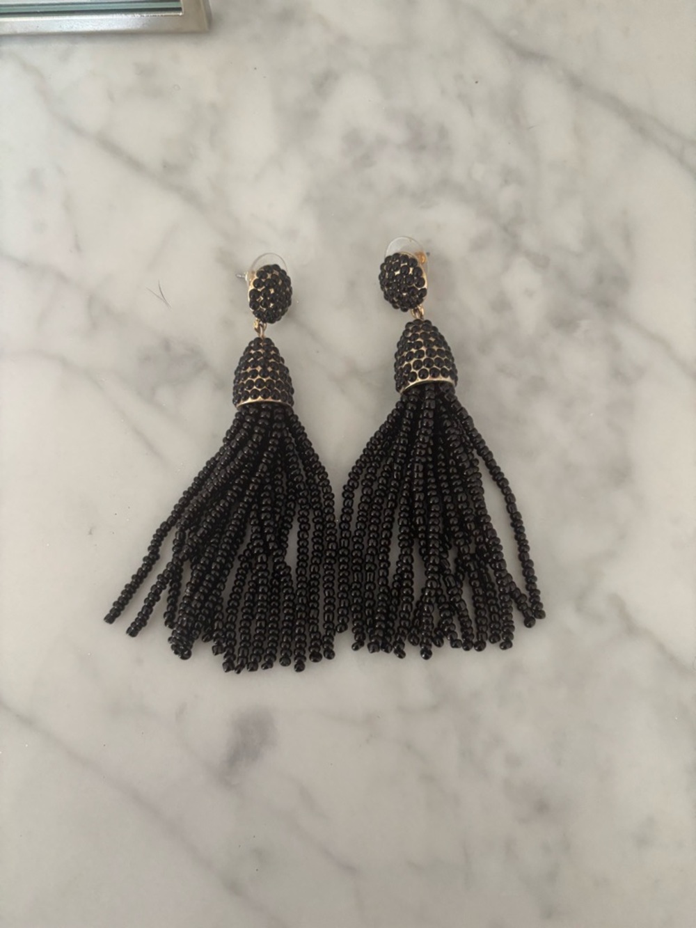 Black Beaded Tassel Earrings